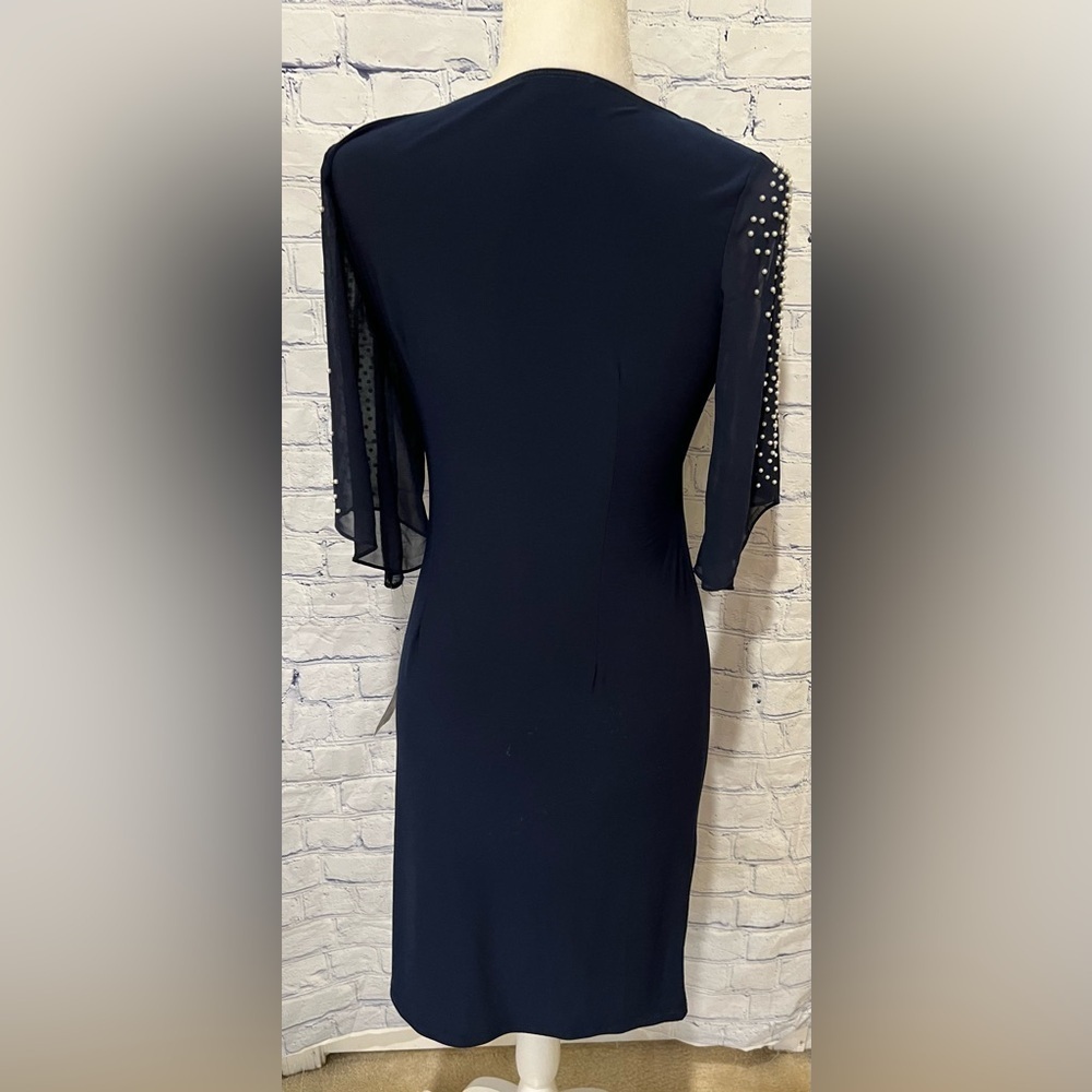 NWT MSK Womens Navy Stretch Embellished Cold Shoulder Sheer Bell Sleeve Petite S - Picture 6 of 11